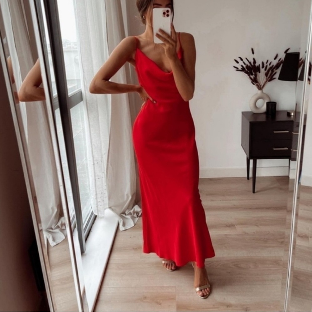 Zara bright Red Satin Effect Lingerie Style maxi Cowl Neck Dress